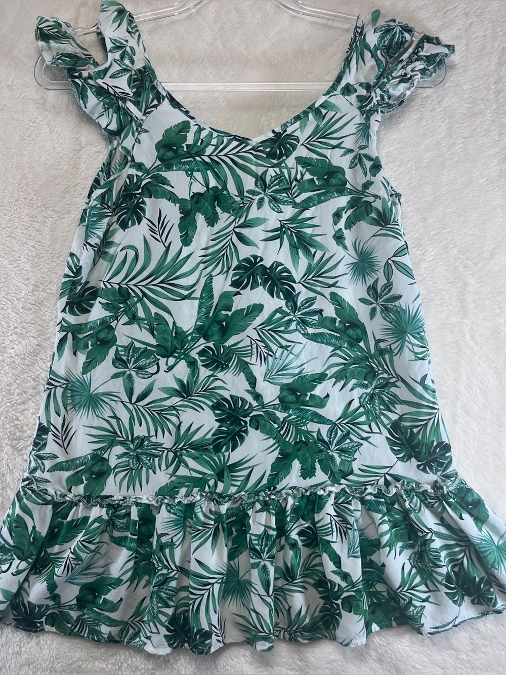 Solitaire Swim Cover Up Dress Small Green Tropical Palm Print Rayon Ruffle Hem